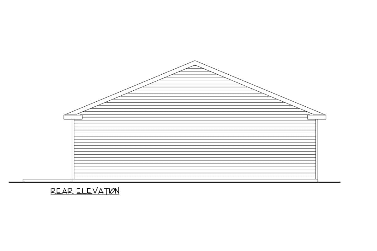 Rear elevation drawing of a house with horizontal siding and a gable roof.