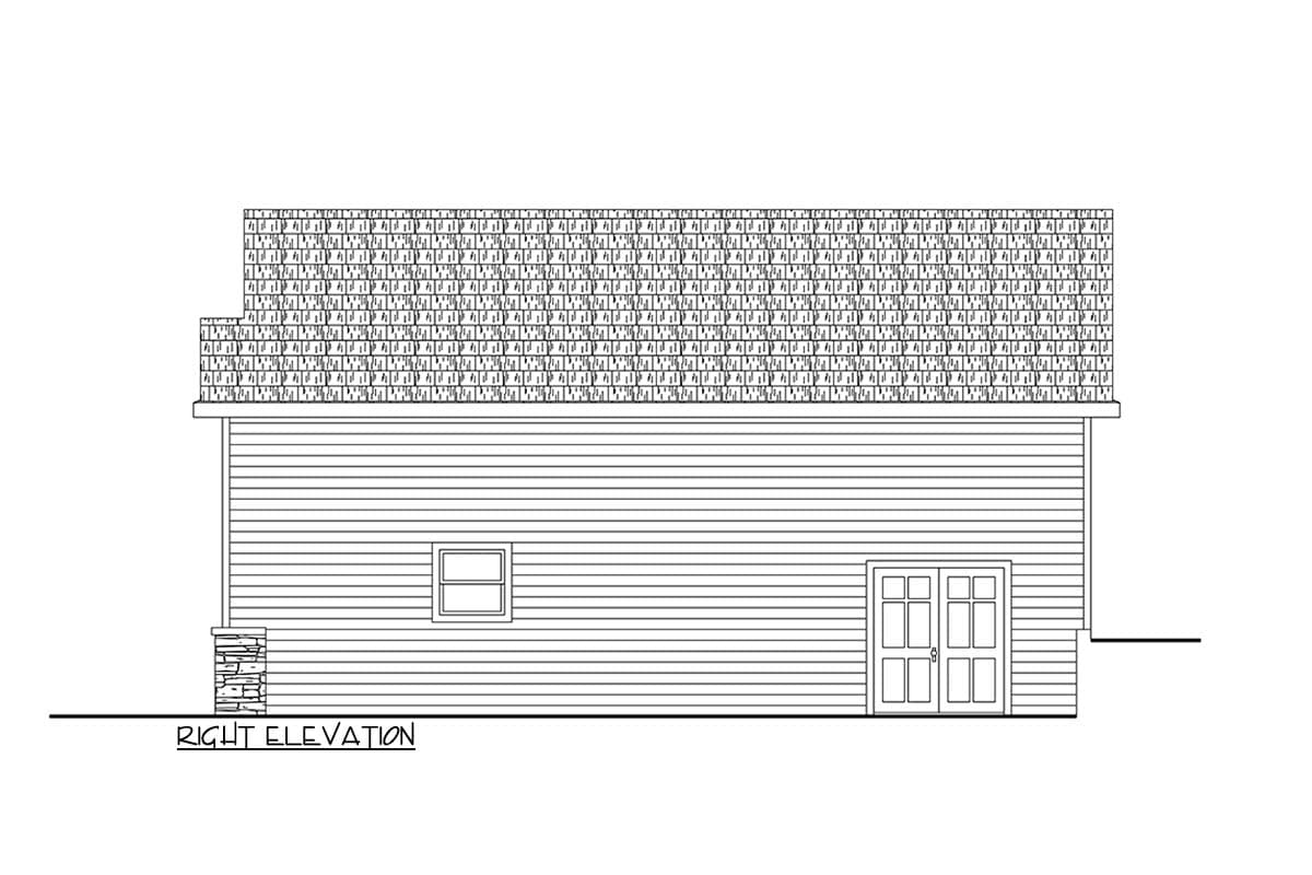Right elevation house plan showing double doors, a single window, and a gabled roof with varied pitches.