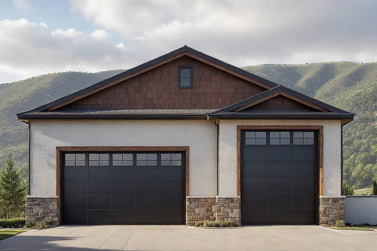 House plan exterior. Two-story structure featuring a gabled roof, stone accents, and two garage doors with divided light windows.