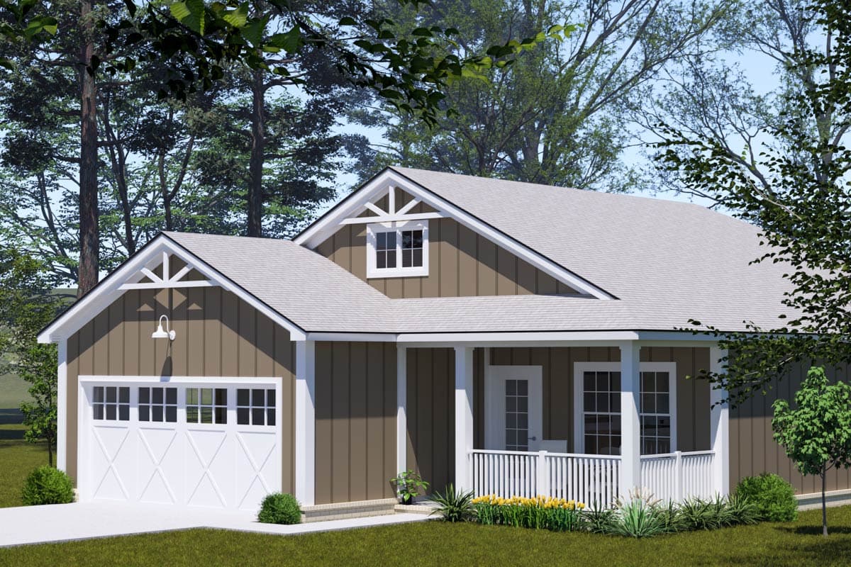 House plan exterior shows a one-story Modern Farmhouse with a front-facing garage, covered porch, and decorative gable.