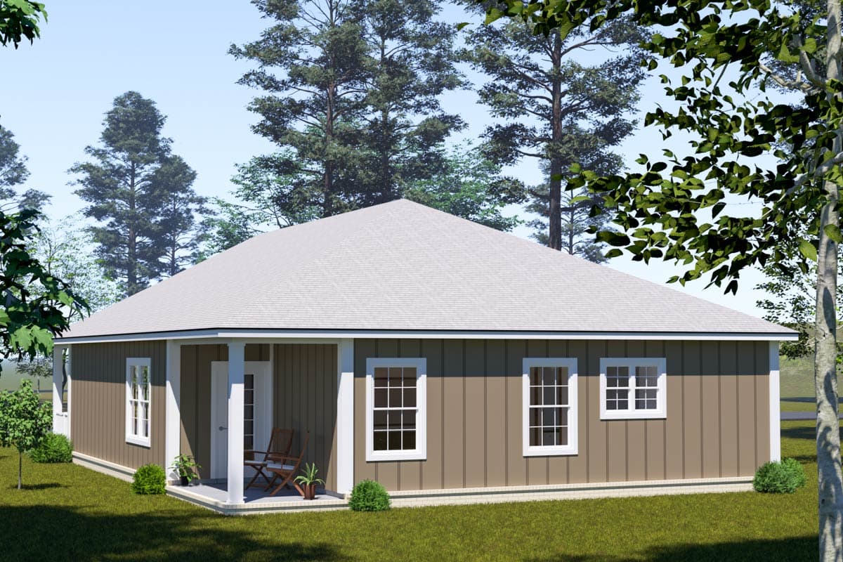 House plan exterior, one-story ranch style with hip roof, front porch with columns, and several double-hung windows.