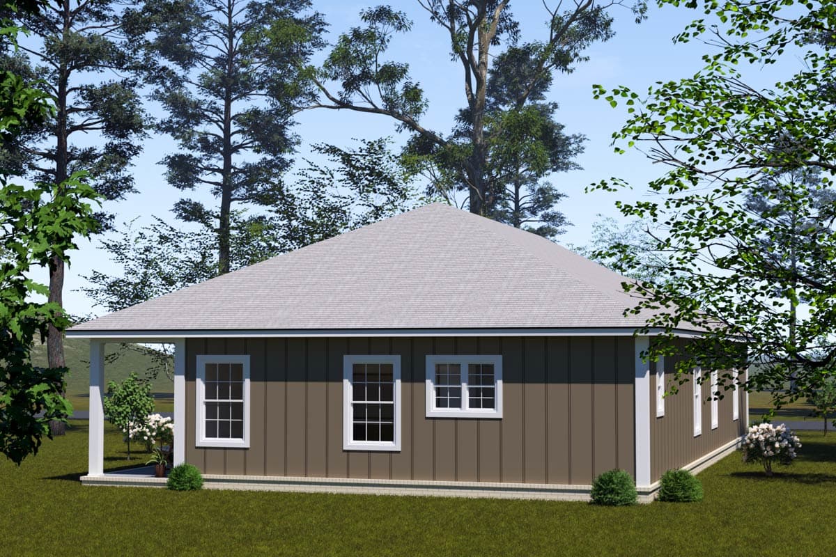 One-story house plan exterior with hipped roof, visible porch with white columns, and vertical siding.