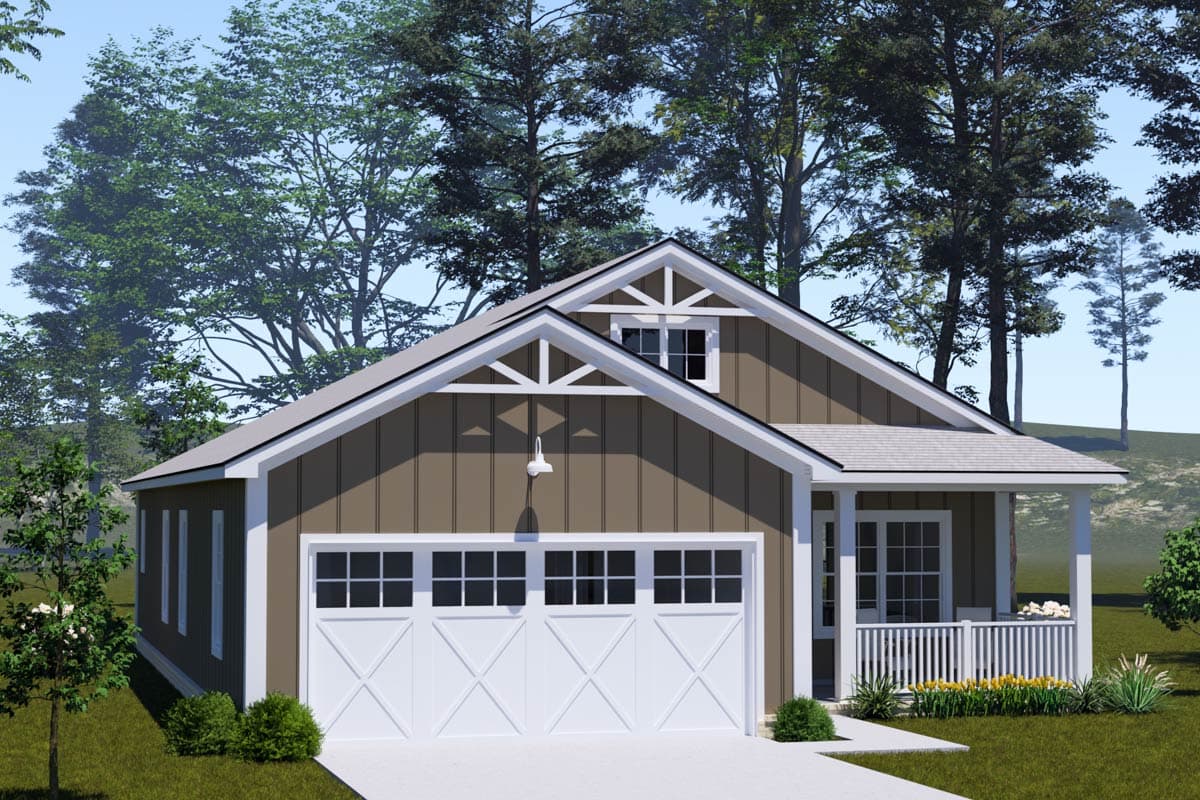 House plan exterior: Modern Farmhouse style, one story, with a two-car garage, front porch, and decorative gable.