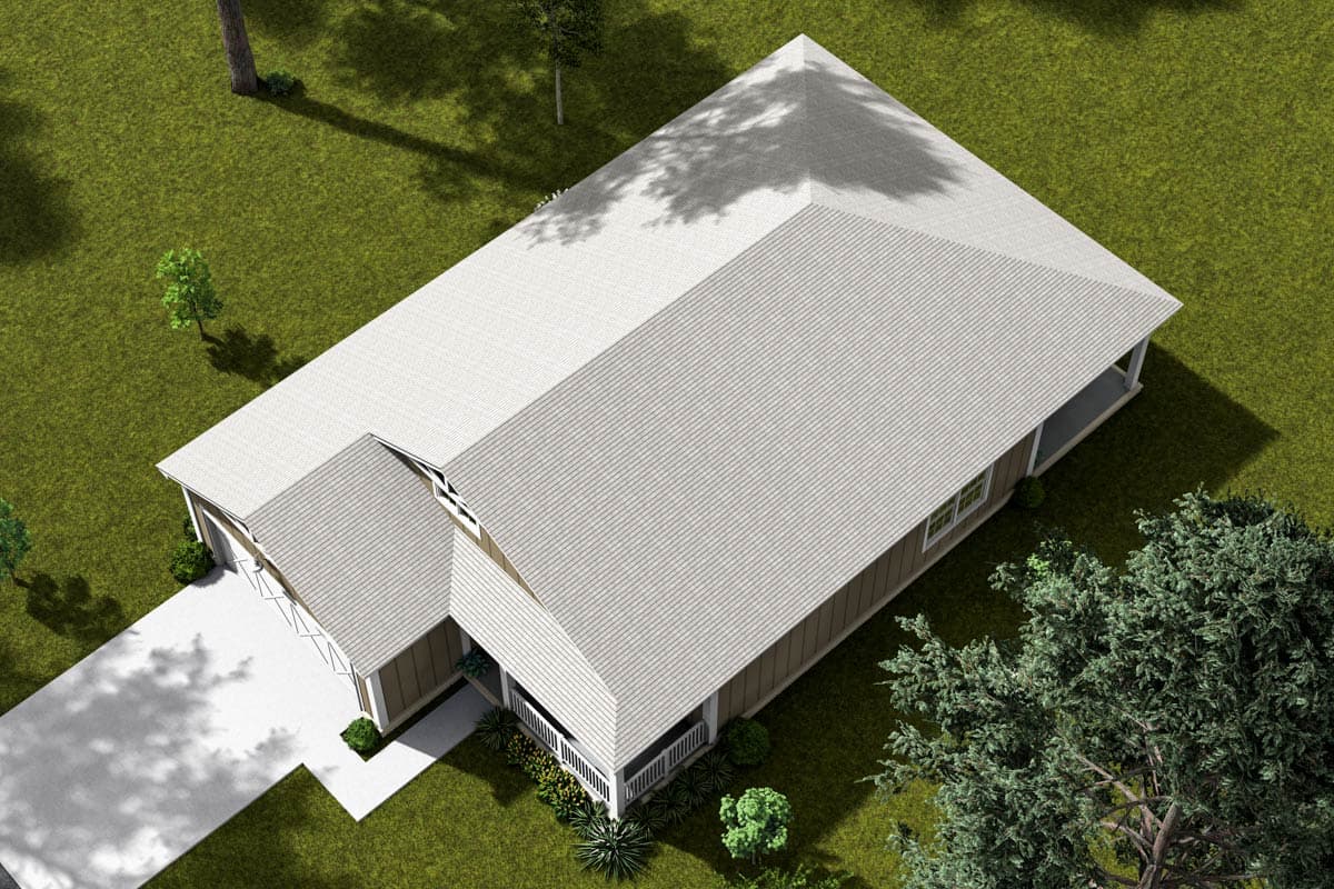 House plan exterior rendering of a single-story home with a hip roof, attached garage, and covered front porch.