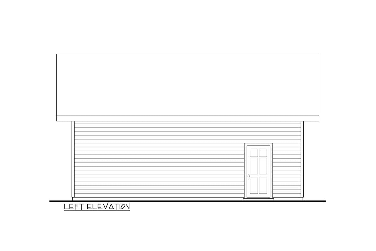 Left elevation of a house plan showing horizontal siding and a six-panel door.