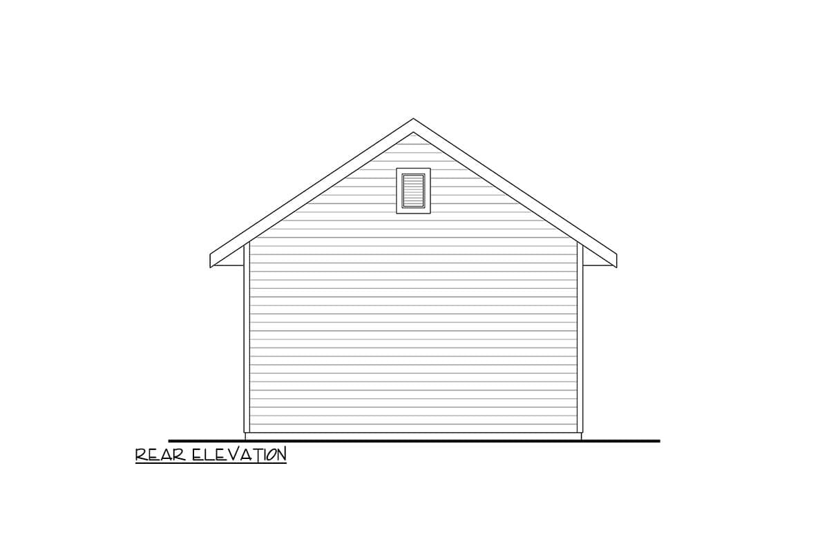 Rear elevation drawing of a house with horizontal siding and a gable roof with a single vent.