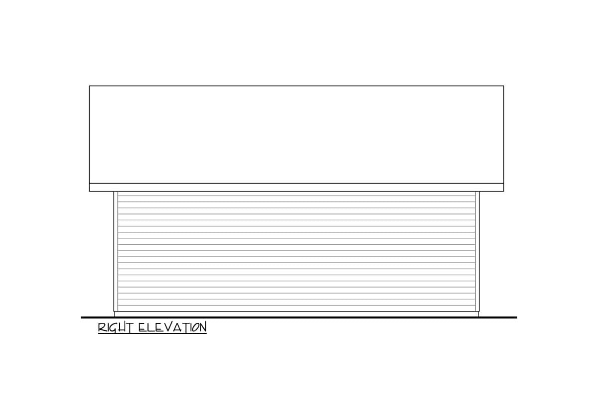 Right elevation drawing of a house plan showing a solid upper wall and horizontally lined lower wall.
