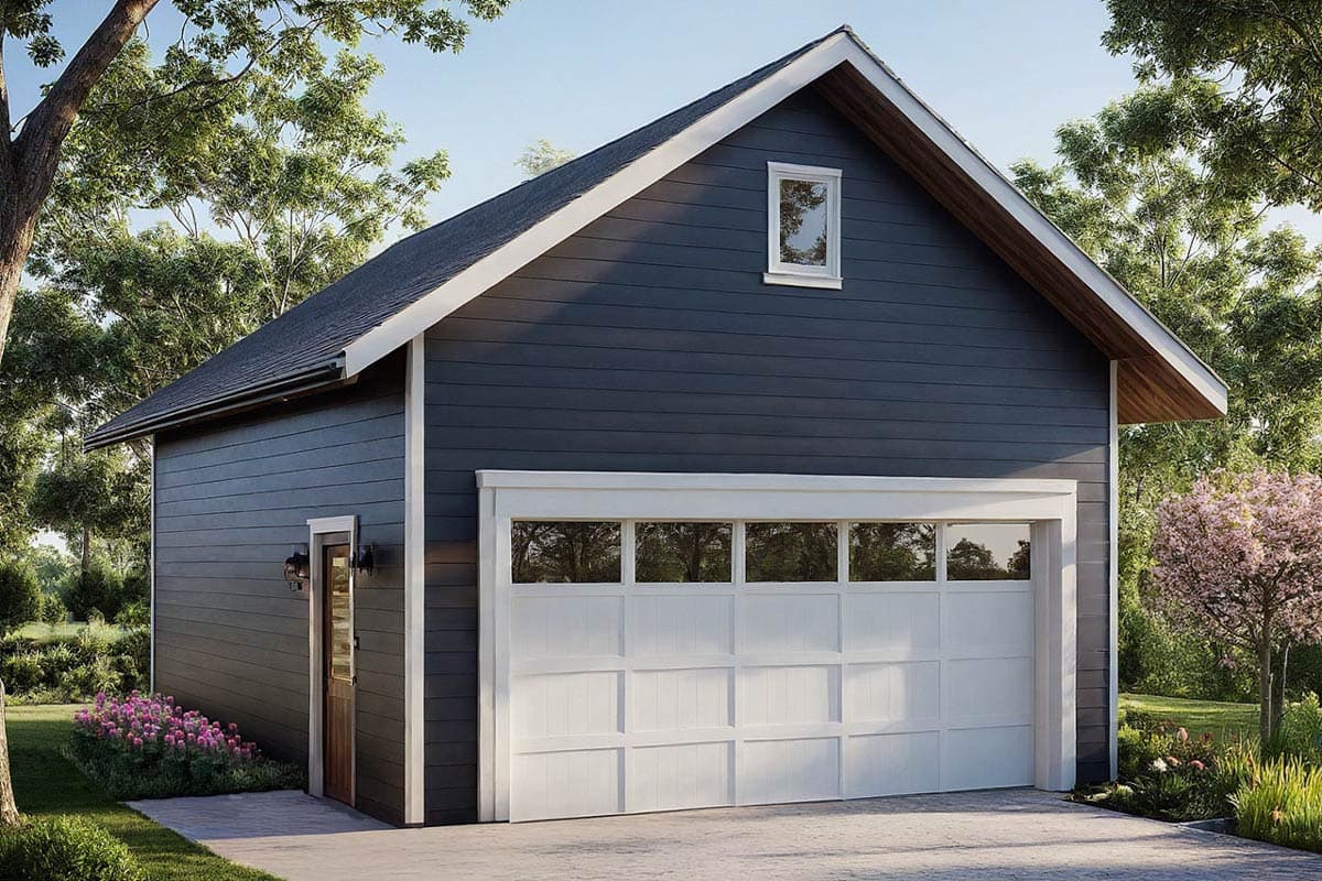 House plan exterior. One-story building with gabled roof, small dormer, and attached garage with multi-pane window design.