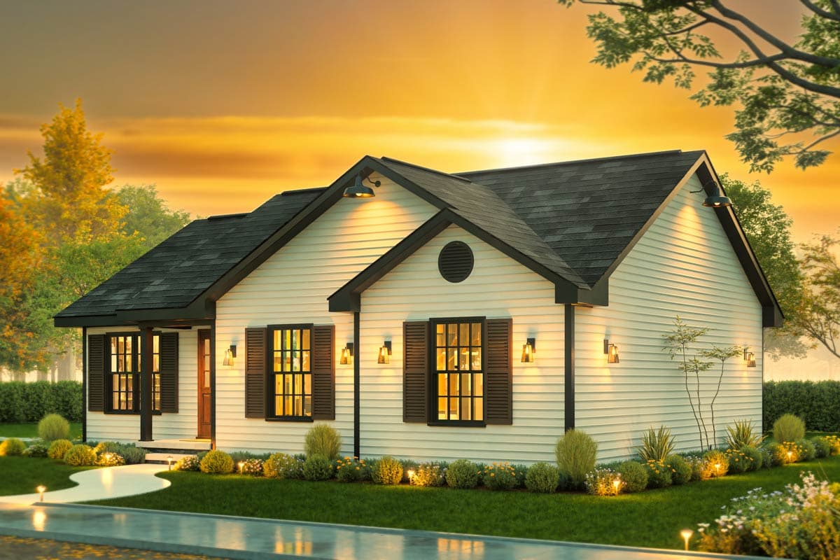 House plan exterior: One-story modern farmhouse with gables, front porch, and decorative shutters.
