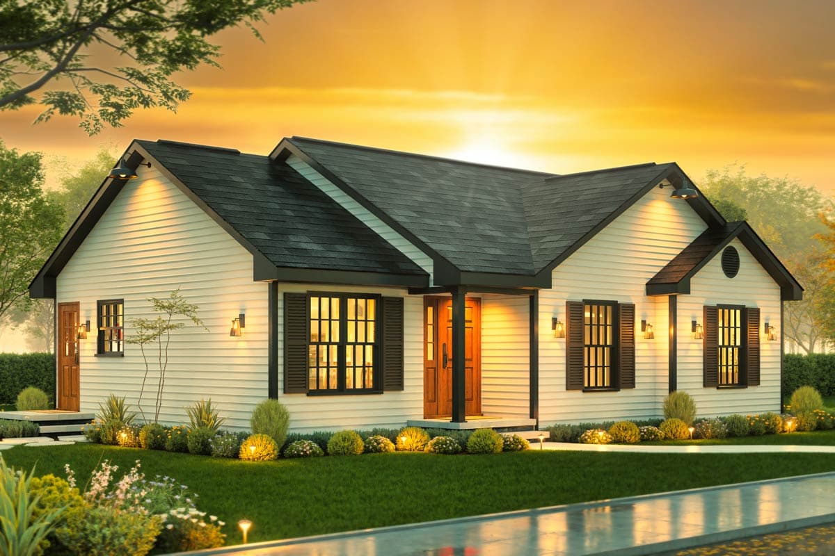 House plan exterior: single-story Modern Farmhouse with gabled roof, covered entry porch, and double-hung windows.