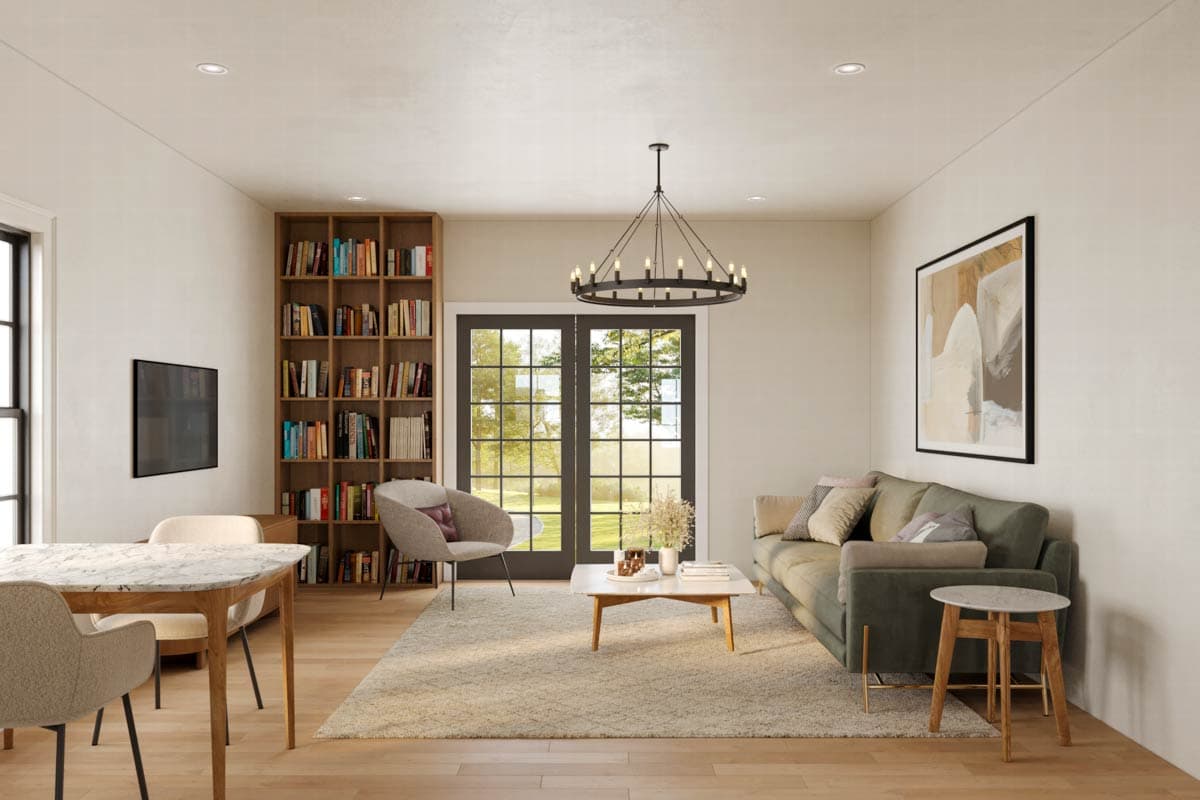 Living room rendering with built-in bookshelves, a sofa, coffee table, and French doors.