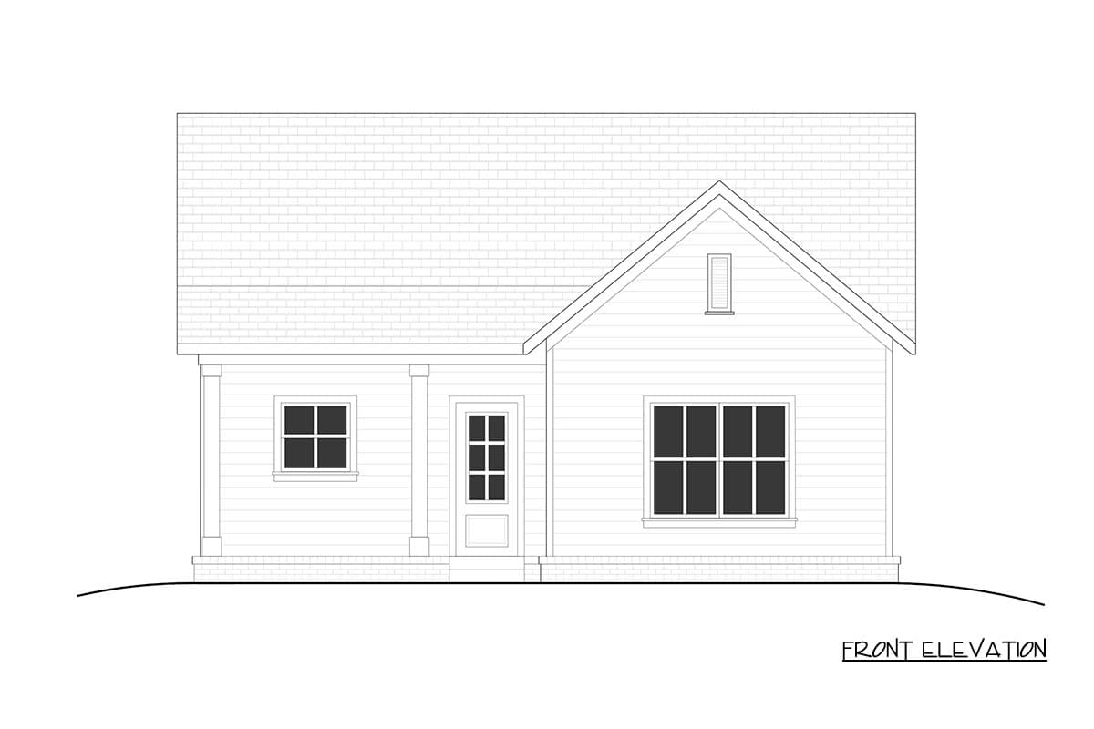 Front elevation drawing of a one-story house with a gabled roof, porch with columns, and multi-pane windows.