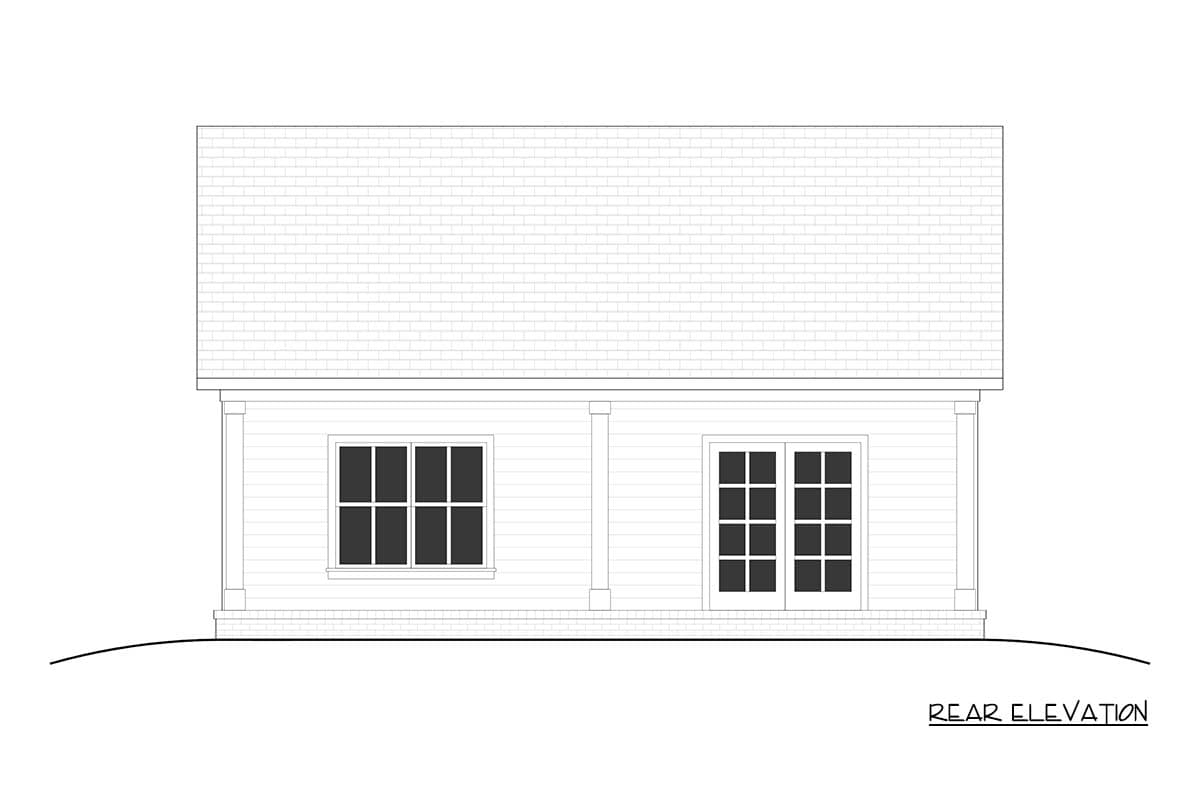 Rear elevation of a house plan showing a gable roof, a large window, and double doors with a covered porch.