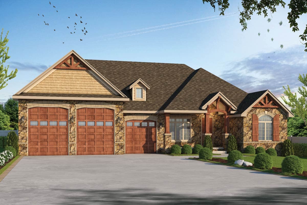 House plan exterior. Craftsman-style home with three-car garage, stone facade, and multiple gables. Features include a front porch and dormer.