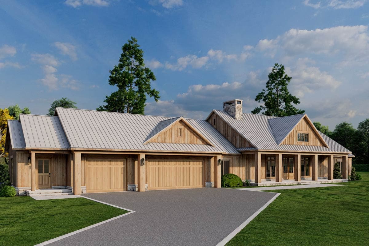 House plan exterior. Two-story, farmhouse style with metal roofing. Features include gable roof, two-car garage, and a covered front porch.