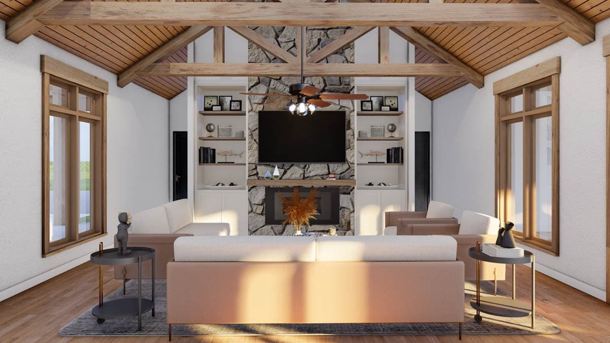 Living room with stone fireplace, built-in shelves, vaulted wood-beamed ceiling, and large windows.