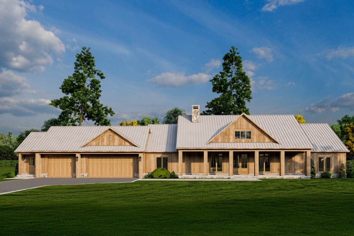 House plan exterior: Modern Farmhouse style, one story, with a metal roof, covered front porch, and a three-car garage.