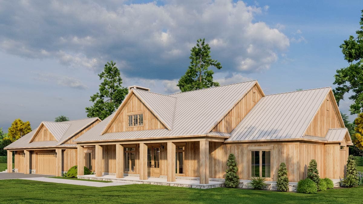 House plan exterior: Modern Farmhouse style with a covered front porch, metal roof, gables, and a three-car garage.