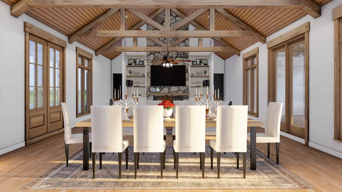 Dining room rendering with vaulted wood beam ceiling, stone fireplace, and large windows.