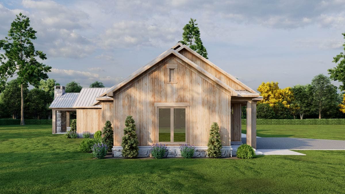 House plan exterior: Modern Farmhouse style, single story, wood siding, stone foundation, metal roof, covered porch.
