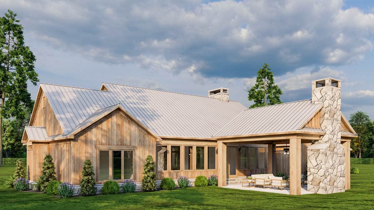 Modern Farmhouse house plan exterior, one story, with wood siding, metal roof, covered patio, and stone chimney.