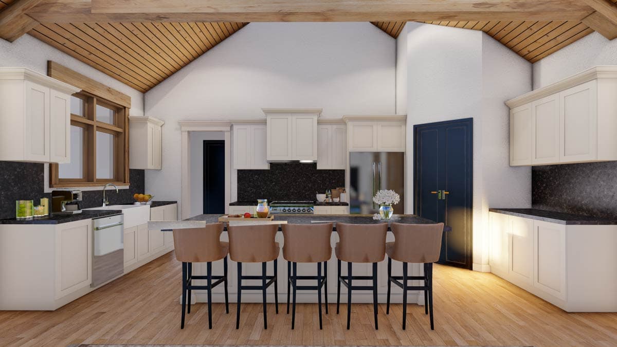 Kitchen with vaulted wood-beamed ceiling, island with bar seating, and white cabinetry.