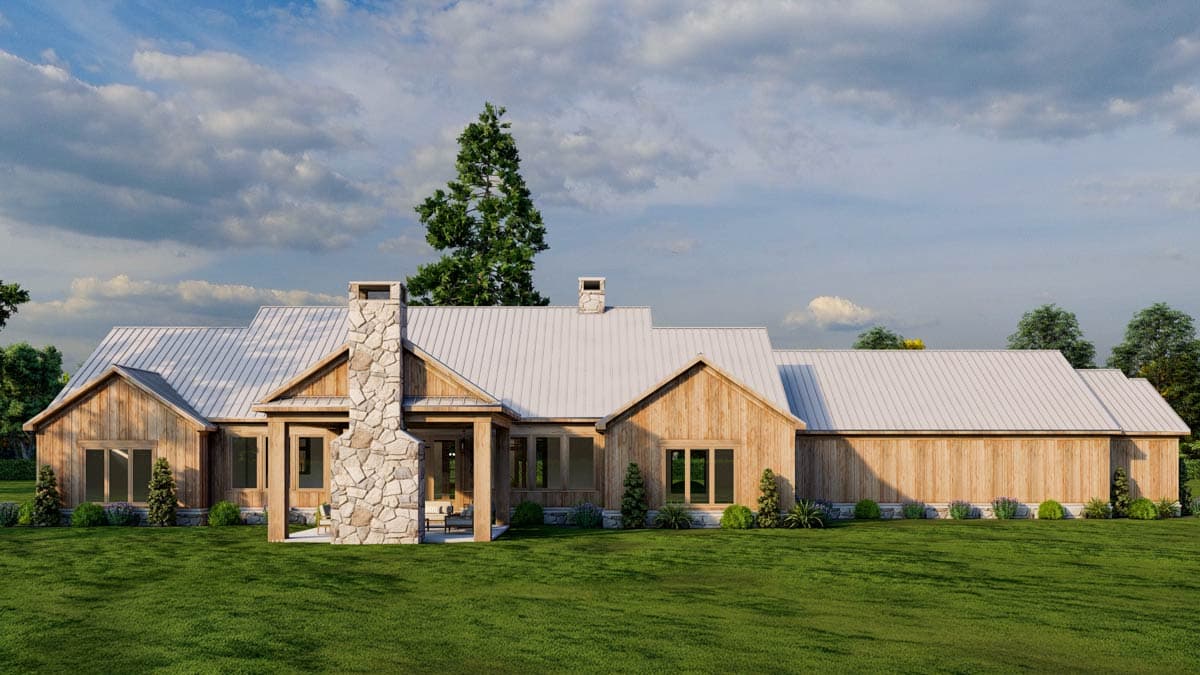 Modern Farmhouse house plan exterior with metal roof, wood siding, gables, and prominent stone chimney.