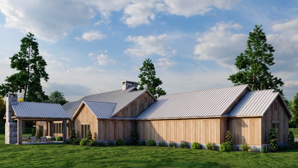 Modern Farmhouse house plan exterior with wood siding, metal roof, stone chimney, and covered porch.