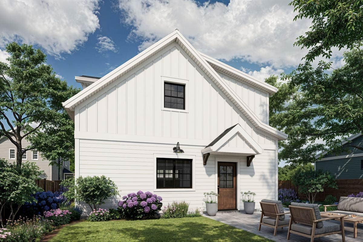 Modern Farmhouse house plan exterior with vertical siding, gables, a covered entry, and black windows.