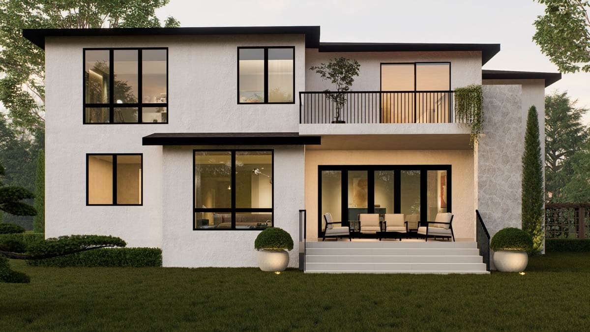 Two-story modern house plan exterior with stucco finish, large black-framed windows, second-story balcony, and covered patio.