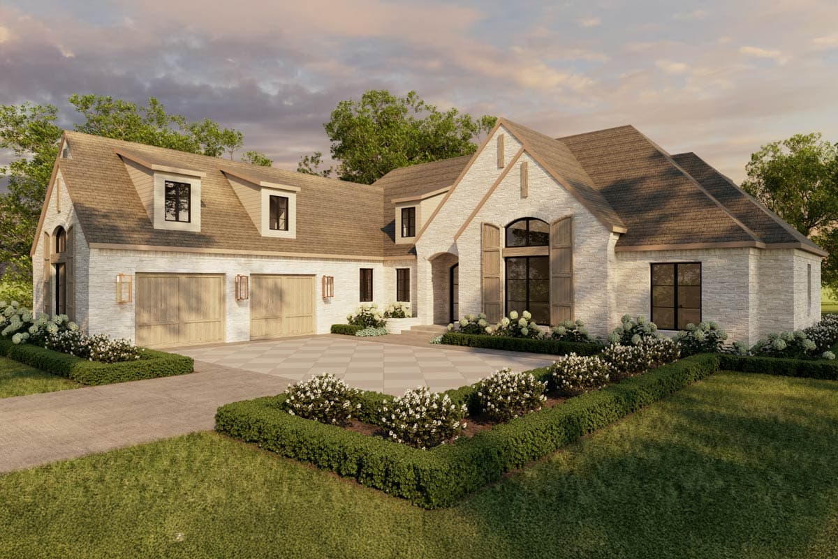 Exterior rendering of a luxury home. Stone facade, tan roof, large windows with shutters, and manicured landscaping.