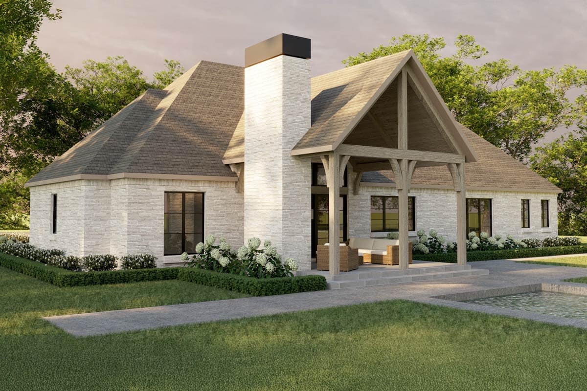Architectural rendering of a modern home with stone siding, a covered patio, and a swimming pool.