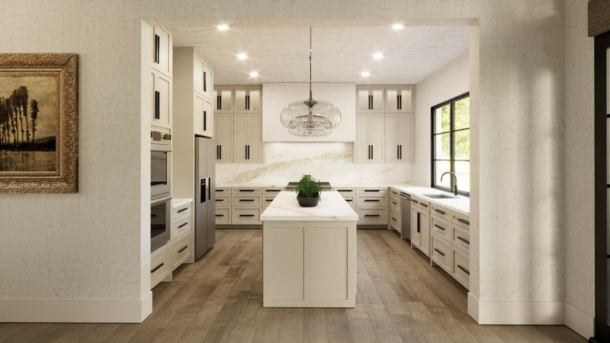 Spacious, modern kitchen with light wood floors, off-white cabinetry, and a large central island. A painting hangs on the wall.