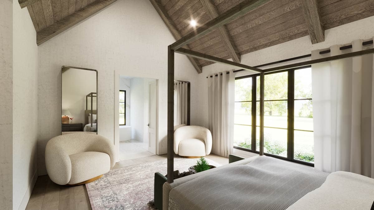 Spacious bedroom with a four-poster bed, white walls, wood beam ceiling, large windows, and a cozy armchair.