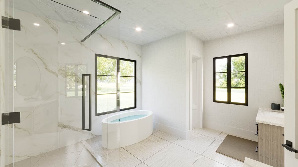 Modern bathroom design with a large shower, soaking tub, and windows overlooking greenery. Features marble tiling and sleek black fixtures.