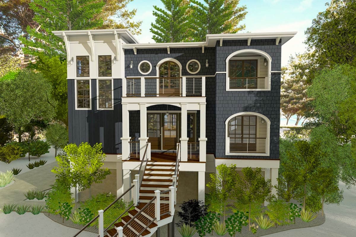 House plan exterior: Two-story home with covered front porch, upper balcony, dark shingle siding, and arched windows.