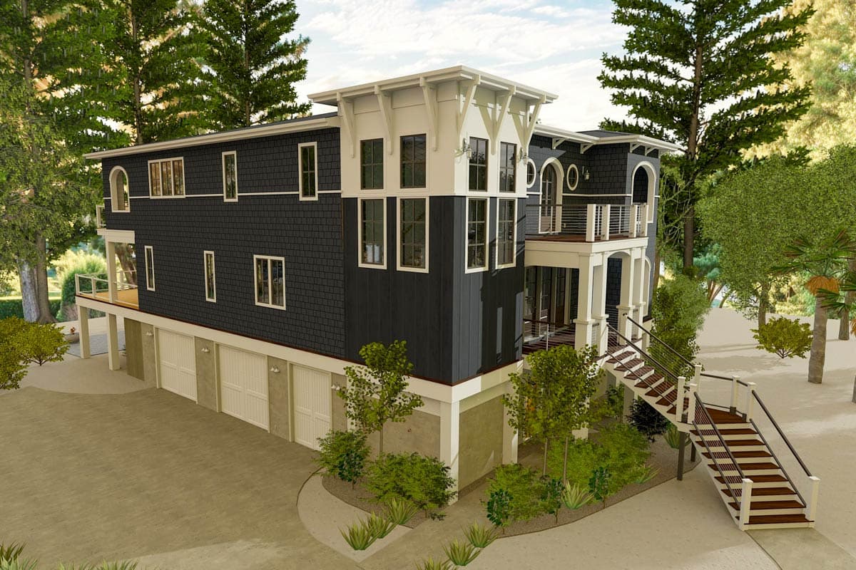 House plan exterior: Contemporary style, multi-story home with a dark shingle facade, prominent white trim, balcony, and a lower-level garage.