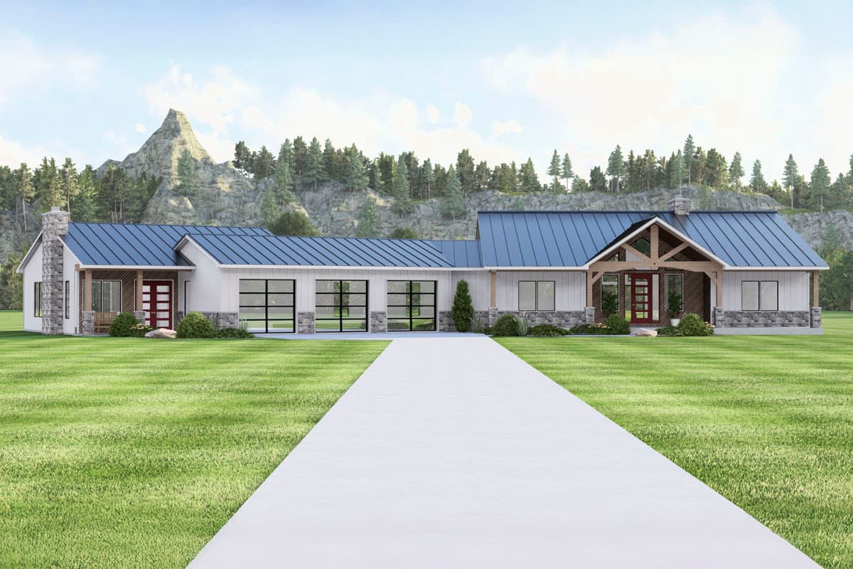 House plan exterior with modern farmhouse style. Features include gabled rooflines, stone accents, and a front entry porch with timber framing.