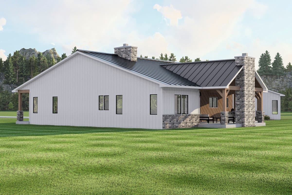 Plan 135373GRA: Modern Farmhouse Ranch with Angled 3-Car Garage and In-Law Suite, Guest Apartment - Image #6 - Barndominium, Contemporary, Modern Farmhouse, Ranch