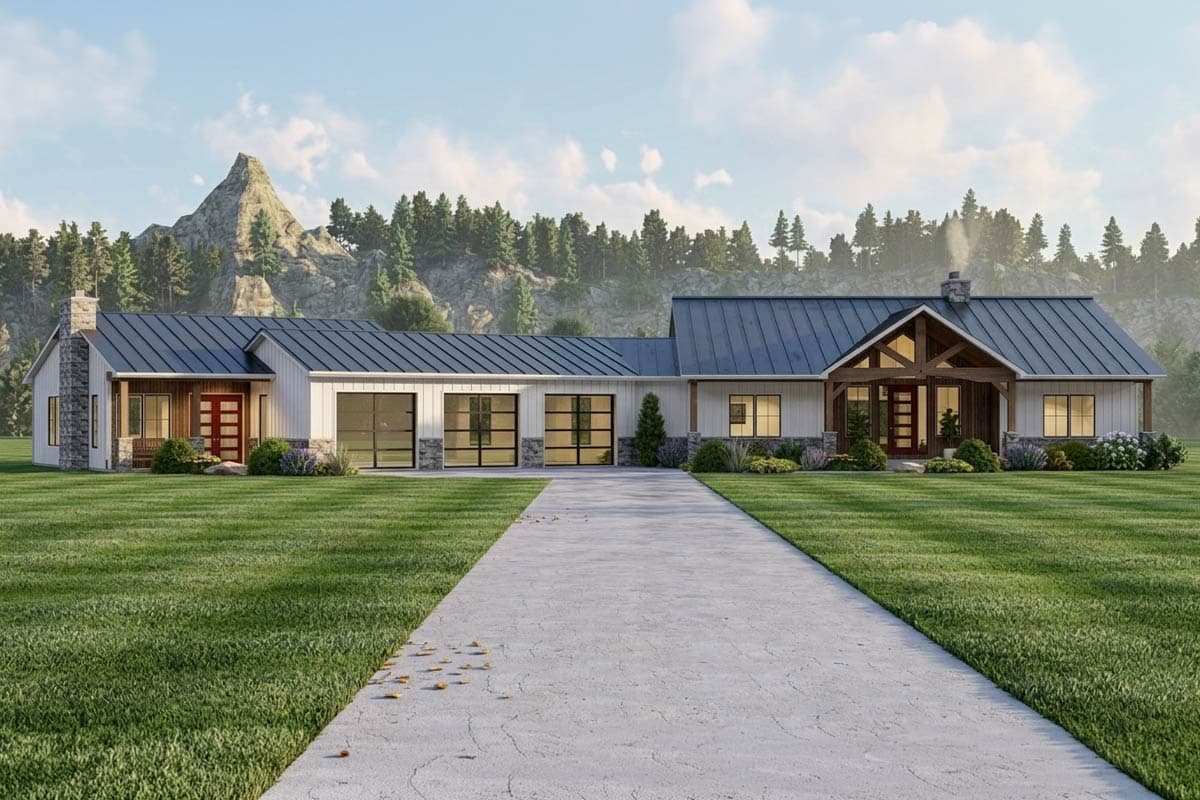 House plan exterior with modern farmhouse style. Features include gabled rooflines, stone accents, and a front entry porch with timber framing.