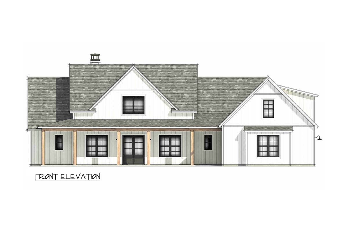 Front elevation drawing of a modern farmhouse with a wide covered porch, gabled dormers, and a prominent chimney.