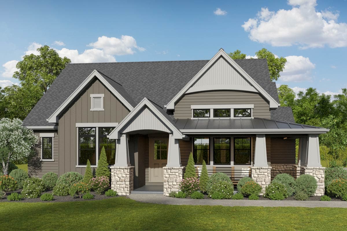 House plan exterior featuring a Craftsman style. Two-story home with gables, a covered porch, and a combination of stone and siding facade.