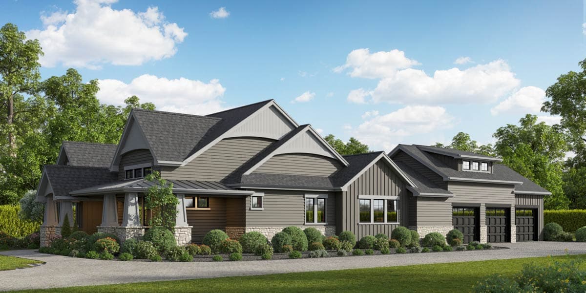House plan exterior: Modern Ranch style with multi-level gables, stone accents, prominent porch, and a three-car garage.