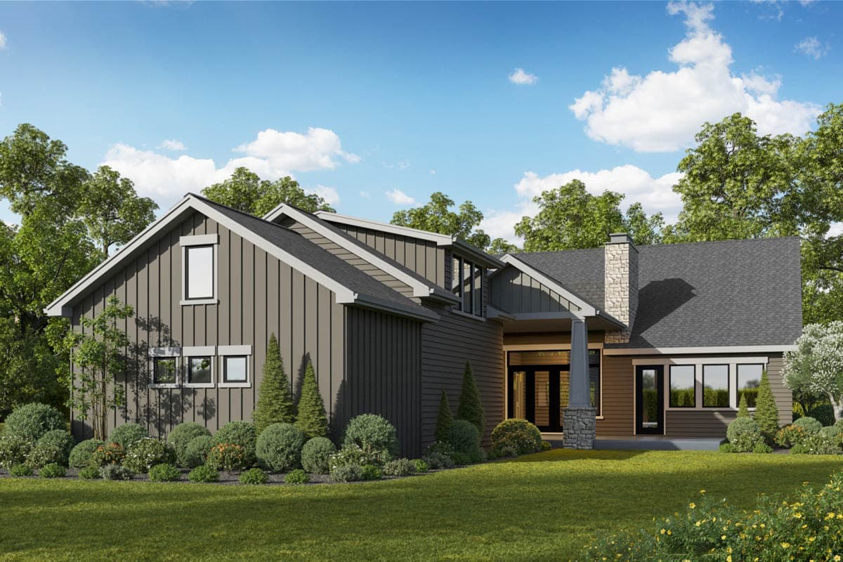 House plan exterior features vertical siding, multiple gables, a stone chimney, and a covered entry with columns.