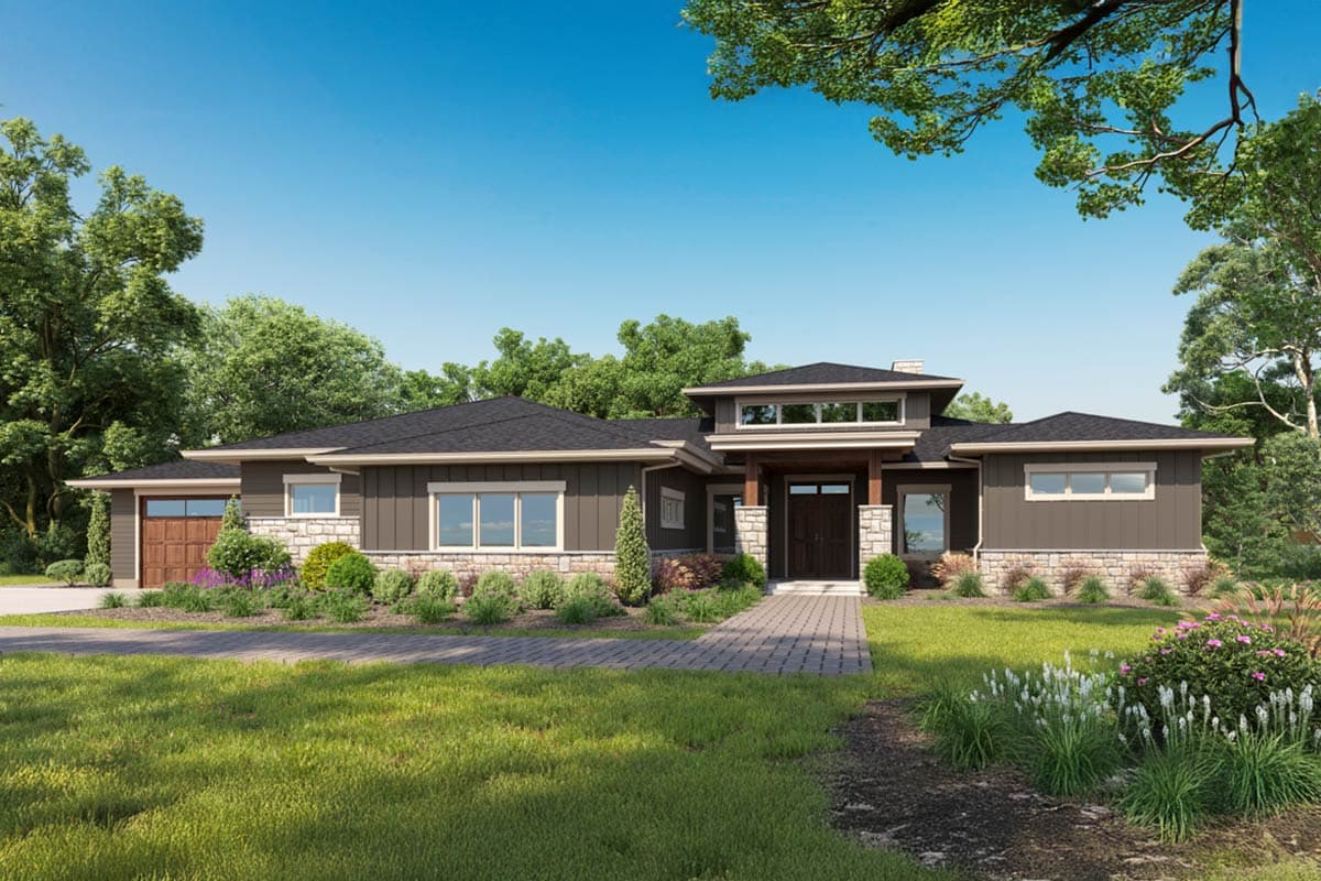 House plan exterior: Modern home with stone and lap siding, gabled roof, covered entry with stone pillars, and attached garage.