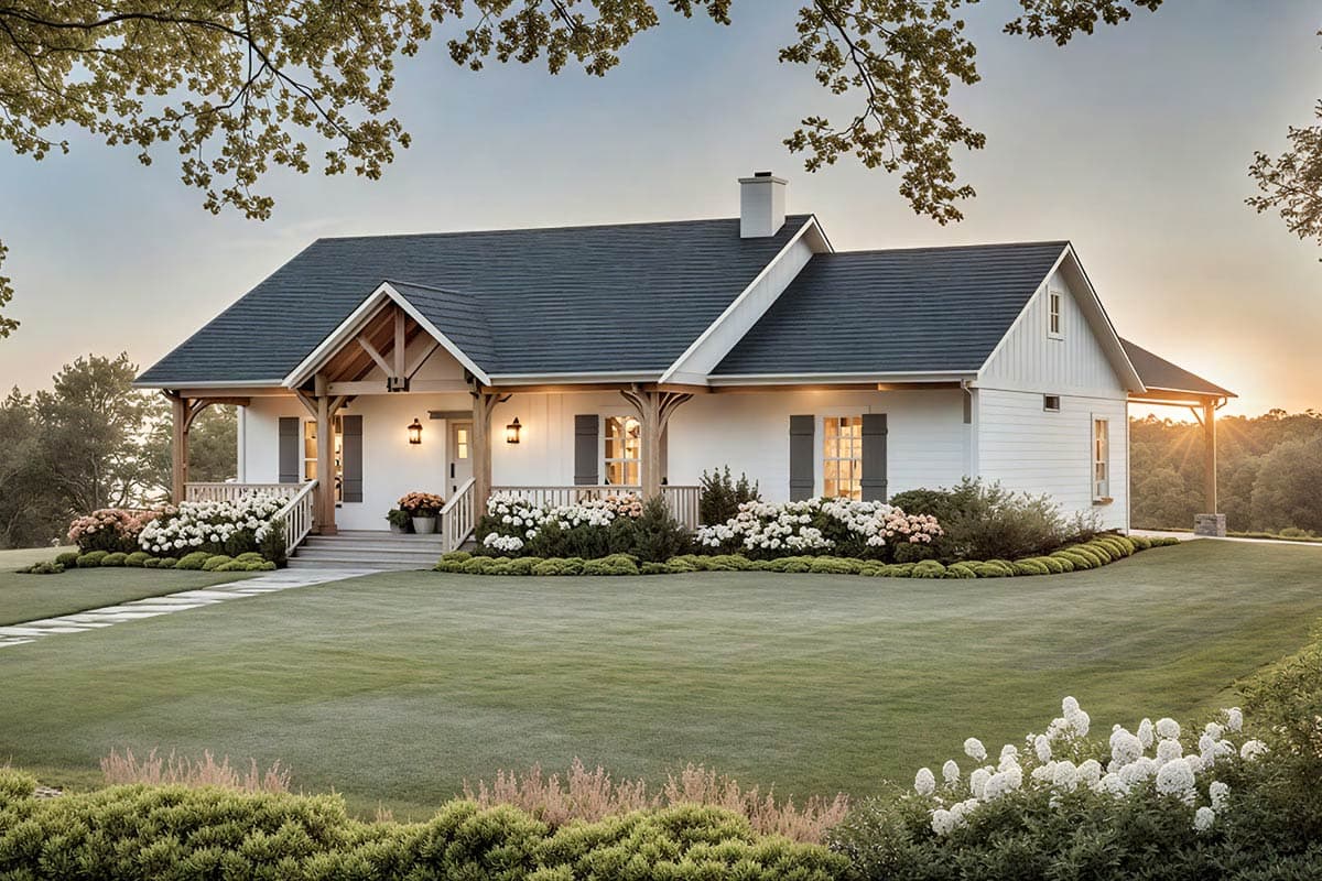 House plan exterior. One-story farmhouse with a front porch, gables, and a dark shingle roof. Features include wood-framed supports.