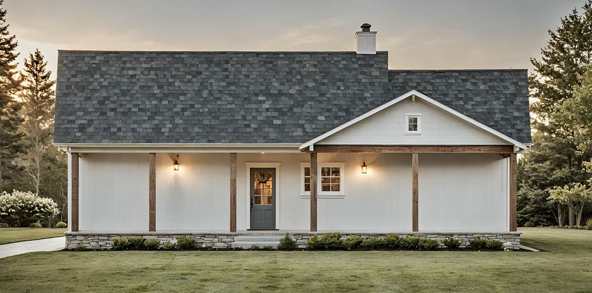 House plan exterior: Single-story Modern Farmhouse with covered porch, stone foundation, gabled dormer, and chimney.