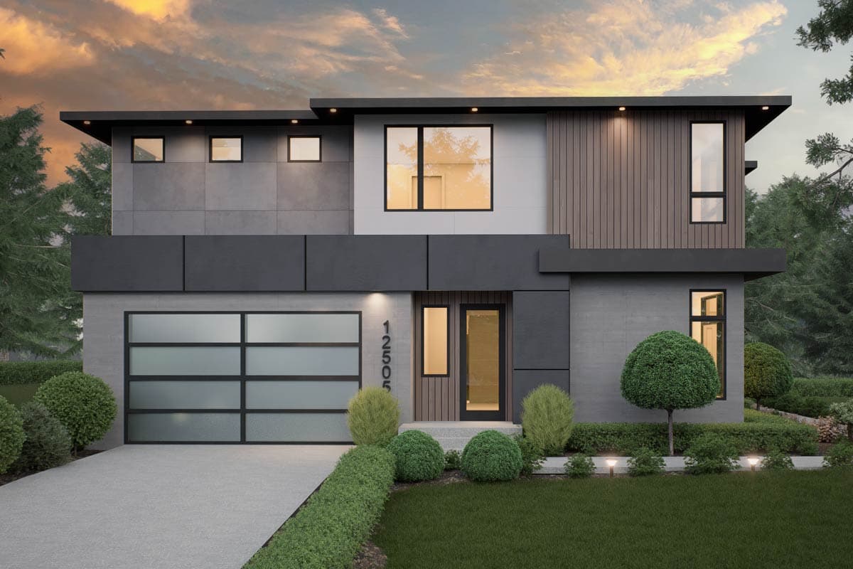 House plan exterior. Modern style, two-story home with flat rooflines, a two-car garage, and vertical wood siding accents.