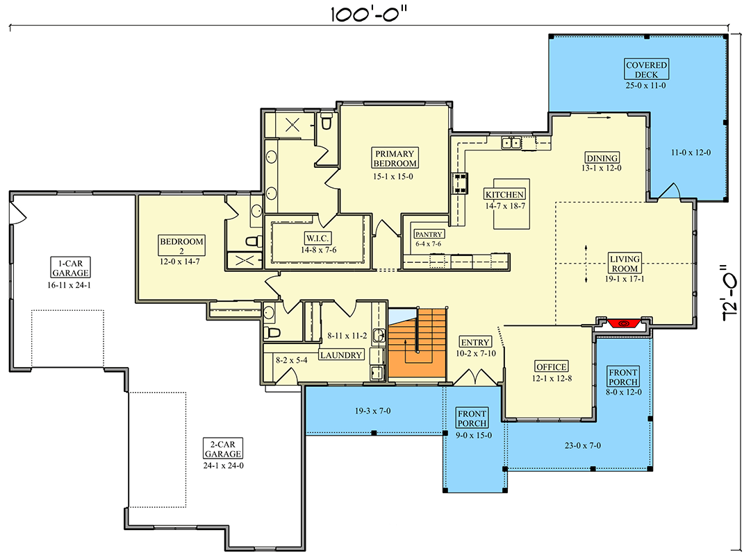 Plan 95284RW: Contemporary Mountain Ranch House Plan with Wraparound Porch - Floor Plan - Main Level - Contemporary, Mountain, Ranch, Rustic