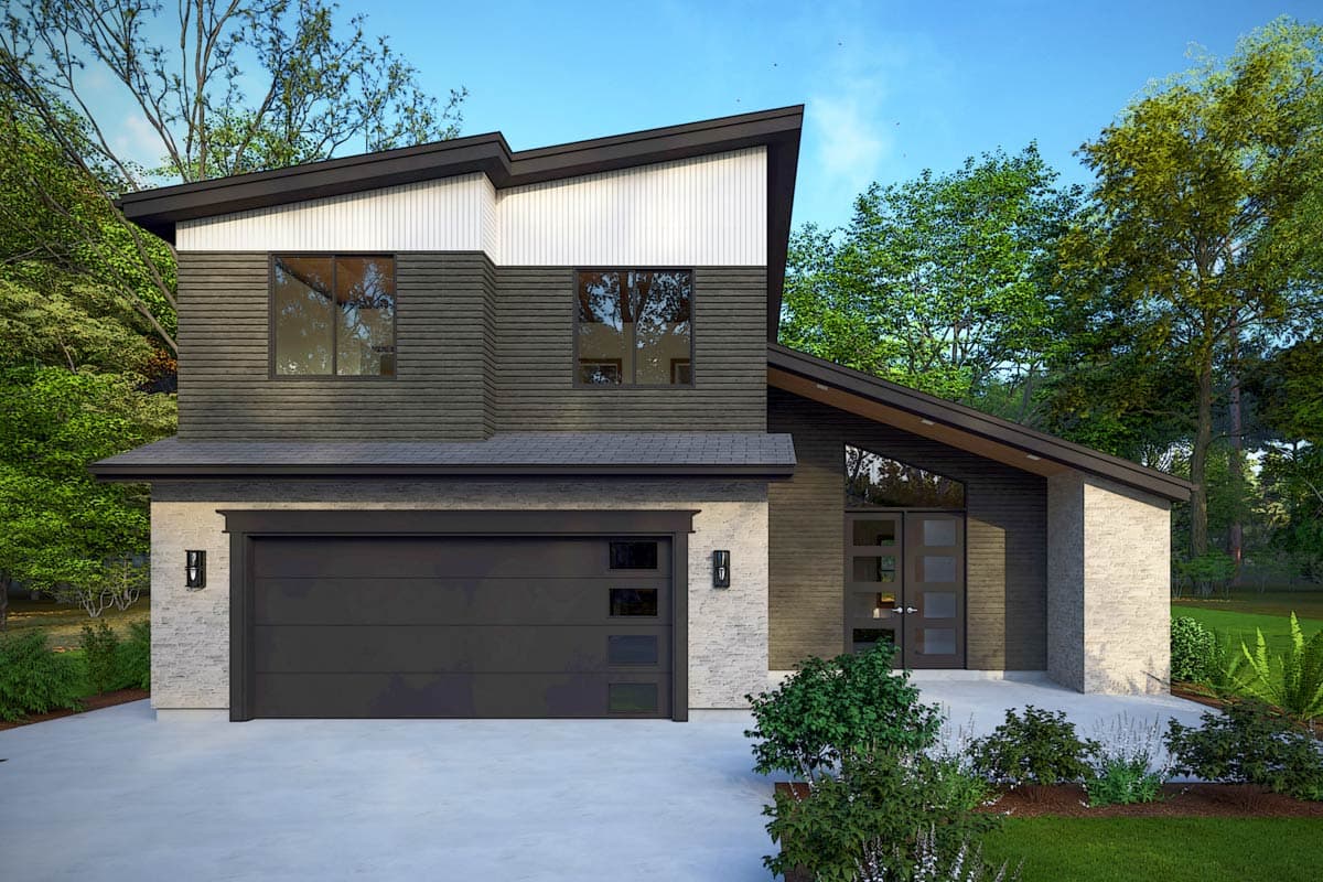 House plan exterior. Two-story modern home with shed roof, horizontal siding, and a two-car garage. Features a sloped entry and large windows.